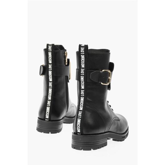 Moschino Love Leather Combat Boots with Side Zip and Golden Detail - Picture 2 of 6